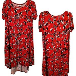 1035) LuLaRoe Carly Red Roses Geometric print Hi Lo Swing Dress Size S